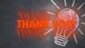 Animation of thank you text in red over light bulb and scrunched up paper on black background