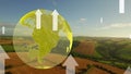 Animation of white arrows pointing up and globe spinning over landscape