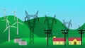 Animation of a wind farm. Simulation of electricity generation through winds by wind turbines. Video of renewable wind energy