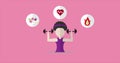 Animation of woman or girl black curly hair with purple sport cloth hold dumpbell on hand and pink background. Workout help good