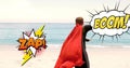 Animation of zap and boom text in retro speech bubbles over caucasian man dressed as superhero