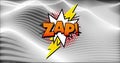 Animation of zap text on explosion bolt over undulating grey network wave