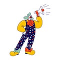 Animator Character in Funny Clown Suit, Huge Boots, Curly Green Wig and Red Neck Tie Yelling in Loudspeaker