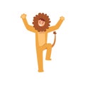 Animator in Lion Costume Performing Before Kids Birthday Party Vector Illustration