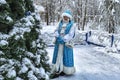 Animator in Snegurochka costume near Christmas tree