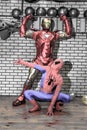 Animators iron man and spider-man in the fitness room