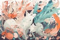 Anime animals, symbolic elements. Texture anime aesthetic in pastel colors. Generated AI.