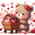 Anime art of cute baby bear, pulling a cart, filled of heart-shaped chocolates, pink rose flower, love sign, cartoon art Royalty Free Stock Photo