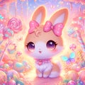 Anime art of cute bunny rabbit, with pastel candy forest, butterfly, disney style, cartoon, dream land