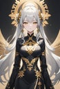 Anime art of stunning wonderful goddes, in a long black clothes, long white hair, golden iris, calm expression, epic fantasy