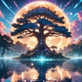 Anime art tree Yggdrasil surrounded by magical energy against the backdrop of a huge moon