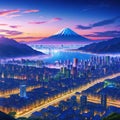 Anime background of glowing city panorama at