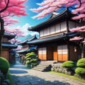 Anime background of traditional Japanese home on street in the
