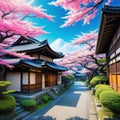 Anime background of traditional Japanese home on street in the