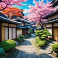 Anime background of traditional Japanese home on street in the