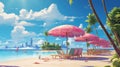 Anime beach scene with pink umbrellas and palm trees, AI