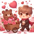 Anime boy with a cute baby bear, a cart filled of chocolates, pink rose flower petals, love sign, cartoom, anime art Royalty Free Stock Photo