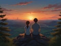 Anime boy with his girlfriend both sitting on a top of a mountain, sunset view beautiful sky Royalty Free Stock Photo