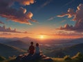 Anime boy with his girlfriend both sitting on a top of a mountain, sunset view beautiful sky Royalty Free Stock Photo