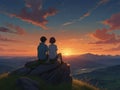 Anime boy with his girlfriend both sitting on a top of a mountain, sunset view beautiful sky Royalty Free Stock Photo