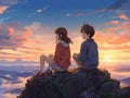 Anime boy with his girlfriend both sitting on a top of a mountain, sunset view beautiful sky Royalty Free Stock Photo