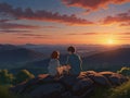 Anime boy with his girlfriend both sitting on a top of a mountain, sunset view beautiful sky Royalty Free Stock Photo