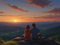 Anime boy with his girlfriend both sitting on a top of a mountain, sunset view beautiful sky Royalty Free Stock Photo