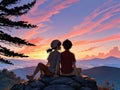 Anime boy with his girlfriend both sitting on a top of a mountain, sunset view beautiful sky Royalty Free Stock Photo