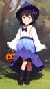 Anime cartoon girl in Halloween famcy dress with jackoÂ´lantern basket