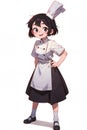 An anime-cartoon illustration of a young girl kitchen staff on white background