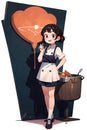 An anime-cartoon illustration of a young girl kitchen staff on white background.