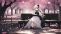 anime cartoon inspired anime A melancholic anime girl with long light hair and pink eyes, wearing a black and white dress