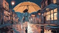 anime cartoon inspired beautiful night sky with falling rain and umbrella girl