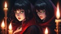 anime cartoon inspired mysterious young woman twins with black hair green eyes red dress black cloak sinister