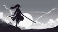 anime cartoon inspired anime silhouette of a samurai girl who attacks in a jump