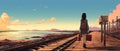 Anime cartoon rear view Japanese girl waiting train on the platform. AI Generative