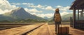 Anime cartoon rear view Japanese girl waiting train on the platform. AI Generative