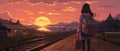 Anime cartoon rear view Japanese girl waiting train on the platform. AI Generative