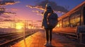 Anime cartoon rear view Japanese girl waiting train on the platform. AI Generative
