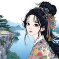 An anime character of a korean girl with big eyes, long black tied up hair, sitting at a cliff with lake view, nature, anime style