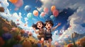 Anime character two kids running with balloons in meadow Royalty Free Stock Photo