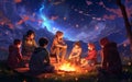 anime characters sitting by the campfire, a view of the mountains