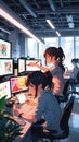 Anime characters working on a collaborative project in a tech-filled workspace