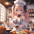 Anime chef girl in the costums, creating and cooking the delicious meals in a kitchen, digital anime art, wallpaper Royalty Free Stock Photo