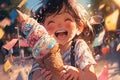 Anime Child delighted face smeared with colorful ice cream, manga illustration generative ai Royalty Free Stock Photo