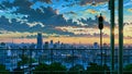 A anime cityscape at sunset, viewed from an elevated position behind a railing. Royalty Free Stock Photo