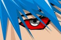 Anime comic strip pretty boy or girl face with red eye and blue hair. Manga comics book hero art background concept Royalty Free Stock Photo