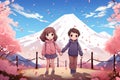 Anime Couple Boy & Girl ith Sakura & Fuji Mountain - Serene, Romantic Illustration Royalty Free Stock Photo