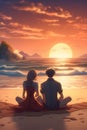 An anime couples of lovers sitting together on the sandy beach with romance scene, enjoying the sunset view, sea waves, wallpaper