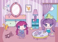 Anime cute girls playing in the room toys table pencils mirror lamp